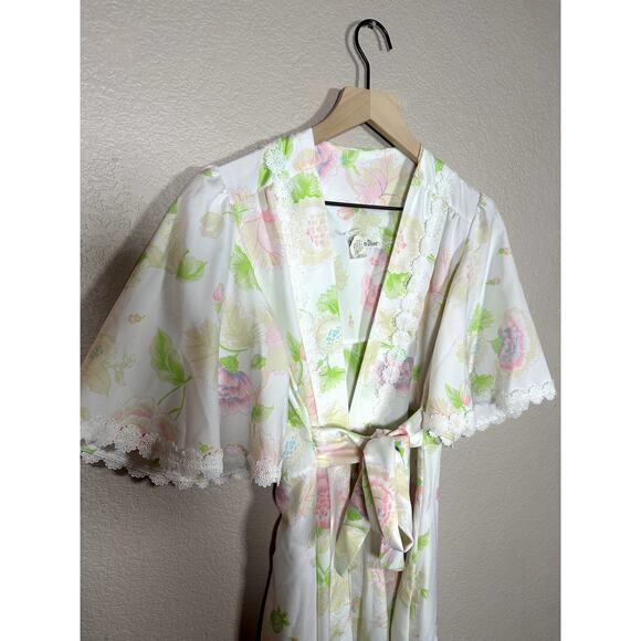 Vintage Christian Dior Lingerie PInk Green Floral Lace Robe Wrap Size Small - Picture 2 of 10